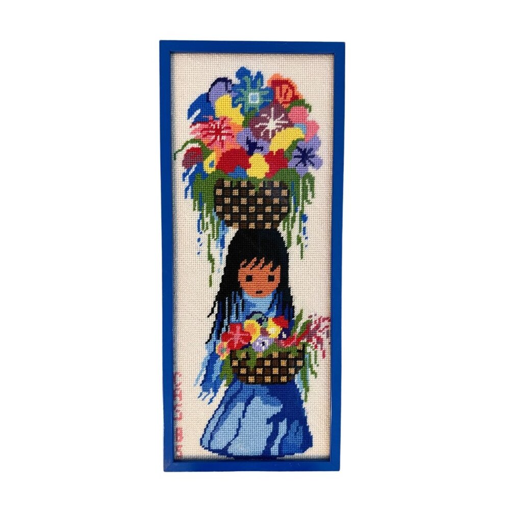 Vintage Framed Cross Stitch Flower Girl | DeGrazia Style Folk Art | 1985